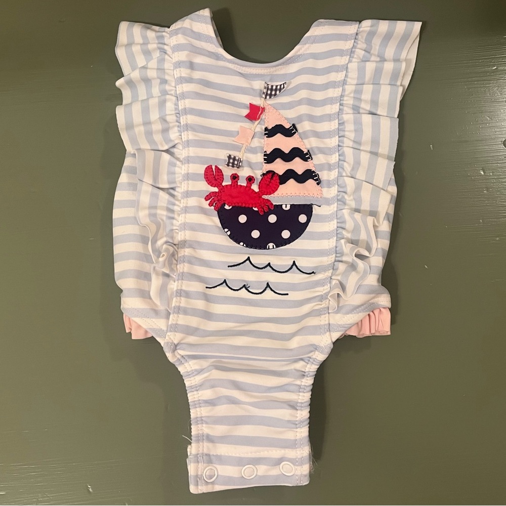 Mud Pie Striped Sailboat Ruffle One-Piece Swimsuit Size 3 - 6 Months